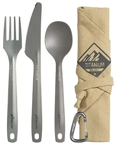 Titan Besteckset für Camping, 3-teiliges Titan Besteck mit Karabiner