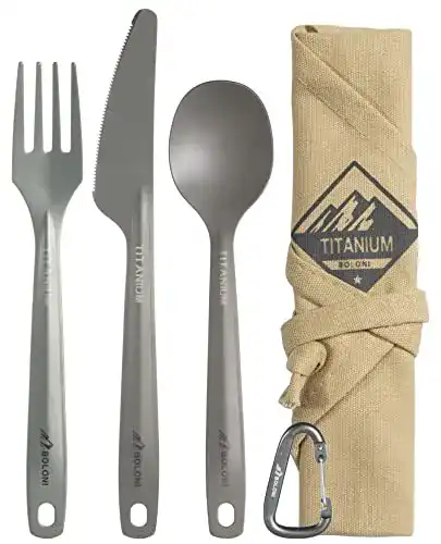 Titan Besteckset für Camping, 3-teiliges Titan Besteck mit Karabiner