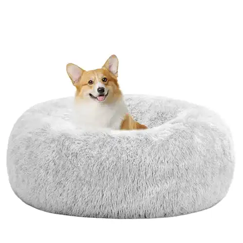 Hundebett Plüsch HMTOPE orthopädisches Hundebett rund, waschbar, 70 cm Ø, hellgrau