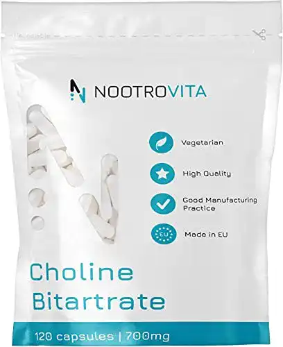 Cholin Nootrovita 700mg Bitartrat 120 Kapseln Vegan und glutenfrei