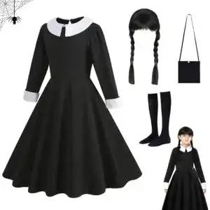 Wednesday Kostüm für Mädchen Schwarz Kleid mit Zubehör für Karneval und Halloween