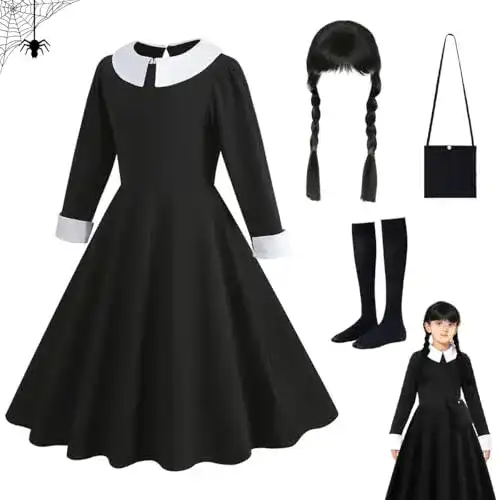 Wednesday Kostüm für Mädchen Schwarz Kleid mit Zubehör für Karneval und Halloween