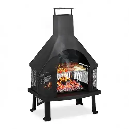 Terrassenofen Relaxdays in Schwarz mit Grill- und Feuerstelle