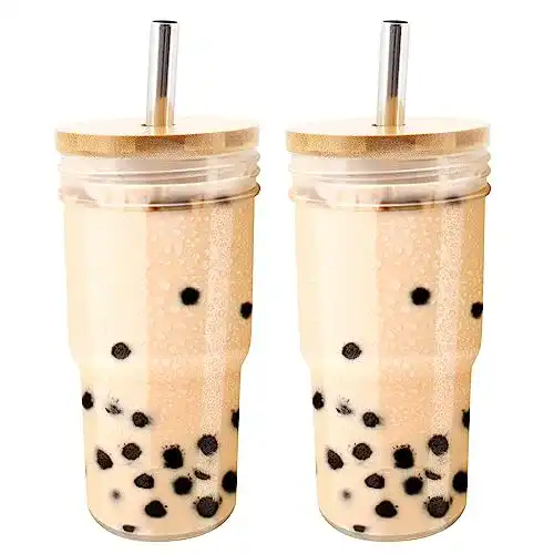 Buwico Glas Bubble Tea Becher Set mit Strohhalm und Deckel
