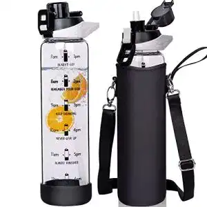 Glas-Trinkflasche Seekua 1 Liter mit Zeitmarkierung und Strohhalm