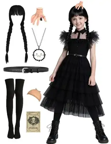Wednesday Kostüm für Mädchen mit Perücke und Accessoires
