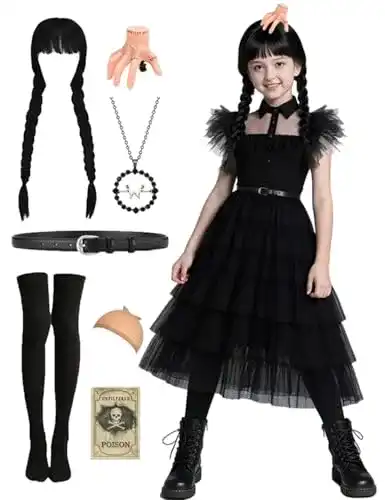 Wednesday Kostüm für Mädchen mit Perücke und Accessoires