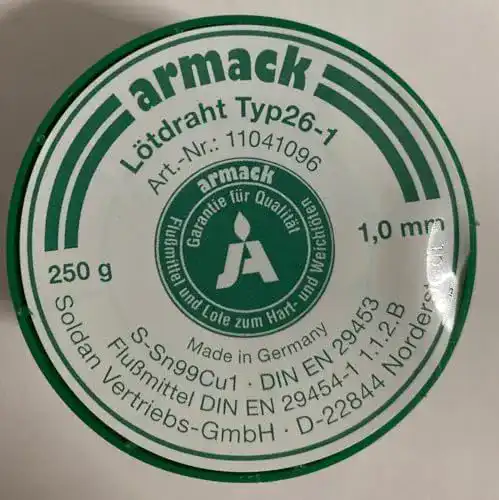 Weichlötzinn Armack Lötdraht Typ 26-1 1,0 mm Ø 250 g S-Sn99Cu