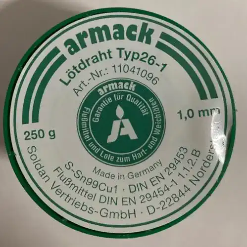 Weichlötzinn Armack Lötdraht Typ 26-1 1,0 mm Ø 250 g S-Sn99Cu