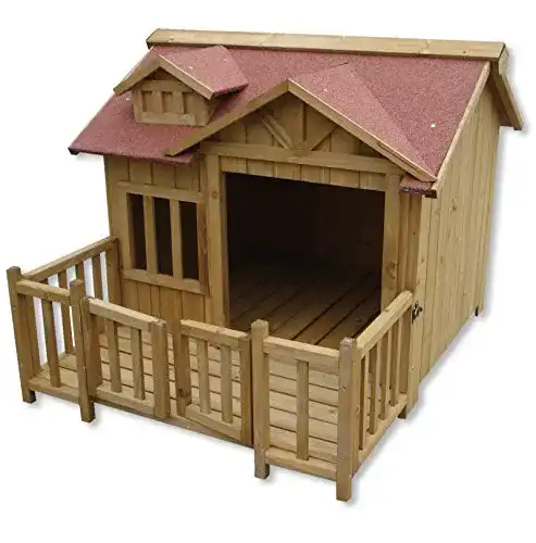 Hundehütte Wiltec Luxus XL aus Holz mit Balkon für Garten und Terrasse