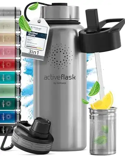 Trinkflasche BeMaxx Edelstahl ACTIVE FLASK + Strohhalm