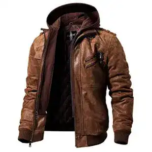 Lederjacke für Herren mit abnehmbarem Hoodie in Braun (Größe L)