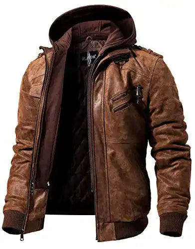Lederjacke für Herren mit abnehmbarem Hoodie in Braun (Größe L)
