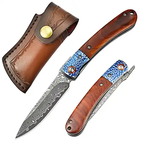 Damast Taschenmesser AUBEY mit Holzgriff und Klappmechanismus