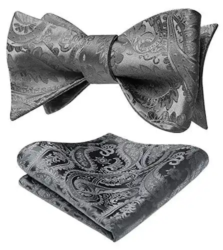 HISDERN Herren Fliege Grau mit Paisley-Muster und Einstecktuch Set