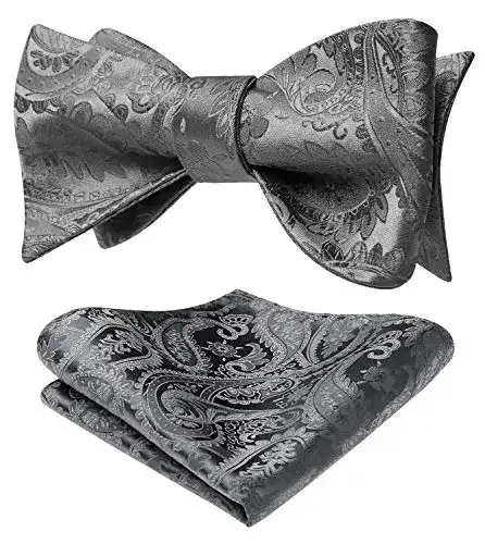 HISDERN Herren Fliege Grau mit Paisley-Muster und Einstecktuch Set