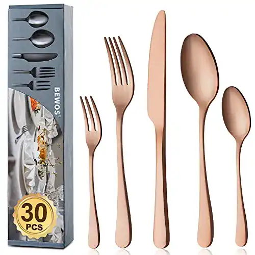 BEWOS Besteckset Roségold für 6 Personen, 30-teiliges Edelstahl Set