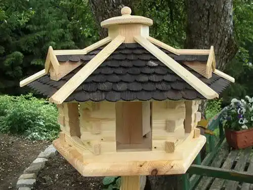 Vogelhaus aus Holz in groß mit Futterdosierer für den Garten