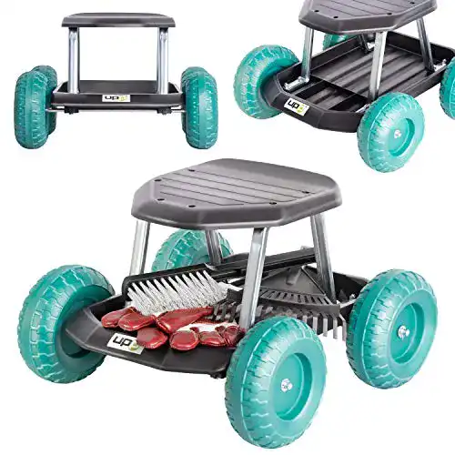 Fahrbarer Gartensitz bis 130 kg Mobiler Gartenwagen mit Ablagefach