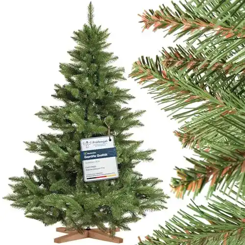 Künstlicher Weihnachtsbaum Fairytrees 150cm Nordmanntanne mit Holzständer