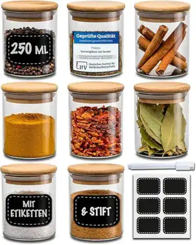 Praknu Gewürzgläser Set 8er Set 250ml mit Etiketten