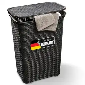 Wäschetruhe Novaliv Rattan Wäschekorb mit Deckel 60L Schwarz
