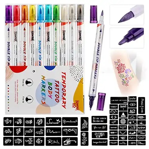 Temporäre Tattoo Marker Set mit 10 Farben und 56 Schablonen