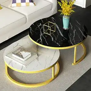 Marmor Couchtisch Set aus 2 Stapeltischen mit Metallbeinen