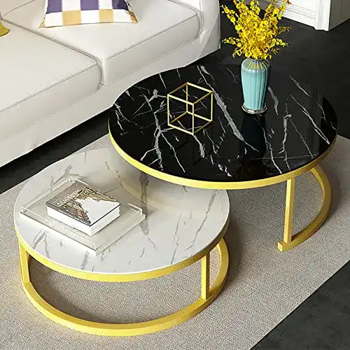 Marmor Couchtisch Set aus 2 Stapeltischen mit Metallbeinen