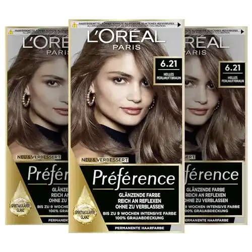 Braune Haarfarbe L’Oréal Paris Permanente Haarfarbe 6.21 Helles Perlmuttbraun