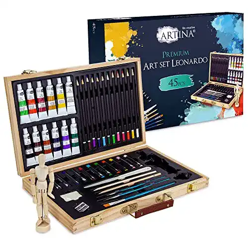 Acrylfarben Artina 45-teiliges Malset im Holz Malkoffer