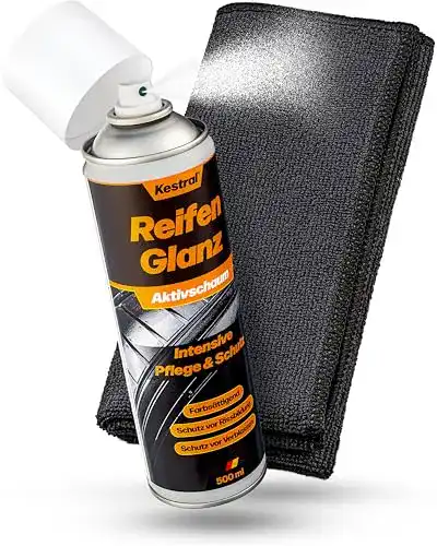 Reifenglanz Spray Kestral Aktivschaum mit Mikrofasertuch zur Reifenpflege