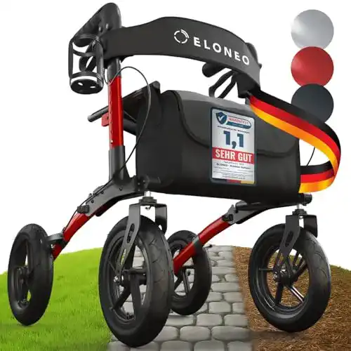 Faltbarer Rollator mit Luftbereifung von Eloneo, leicht und mit Sitz