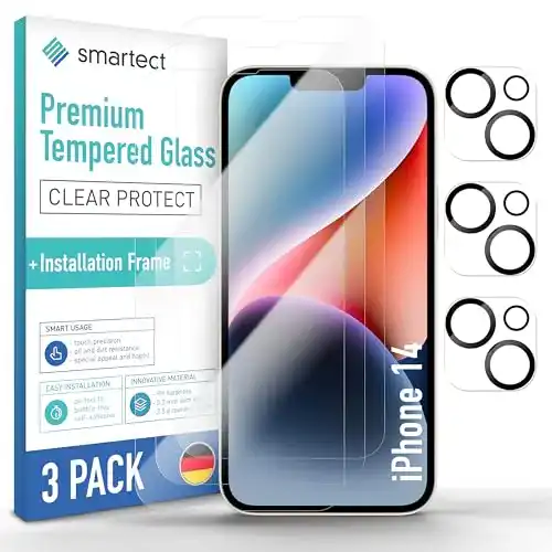Smartect Panzerglas für iPhone 14 – 3 Stück Display + 3 Stück Kamera