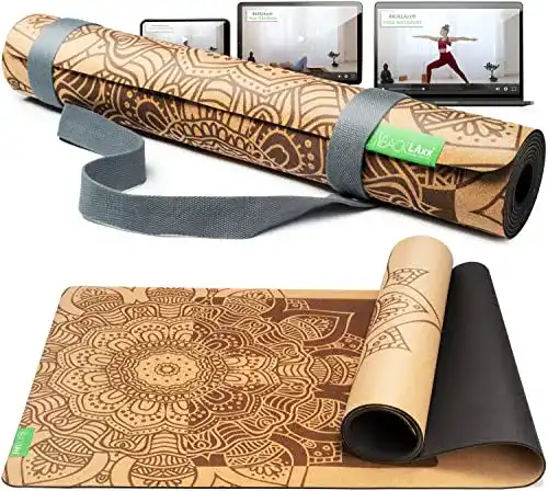 Yogamatte aus Naturkautschuk und Kork mit Tragegurt