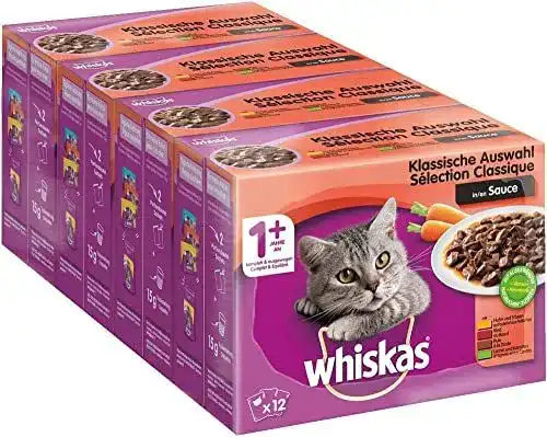 Whiskas Nassfutter 1+ Klassische Auswahl in Sauce für Katzen