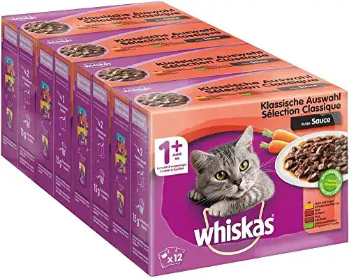 Whiskas Nassfutter 1+ Klassische Auswahl in Sauce für Katzen