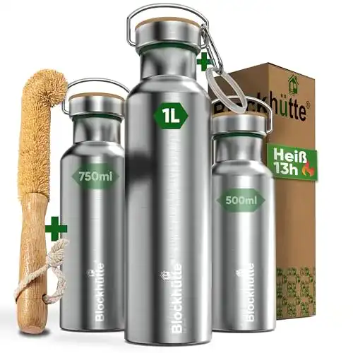 Edelstahl Trinkflasche 1 Liter von Blockhütte – Isolierte Wasserflasche