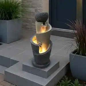 Steinbrunnen Arnusa mit LED-Beleuchtung und Dekobecken für Garten und Innenbereich