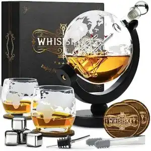 Whisky Karaffe Set mit Globus Dekanter, Gläsern und Whisky Steinen