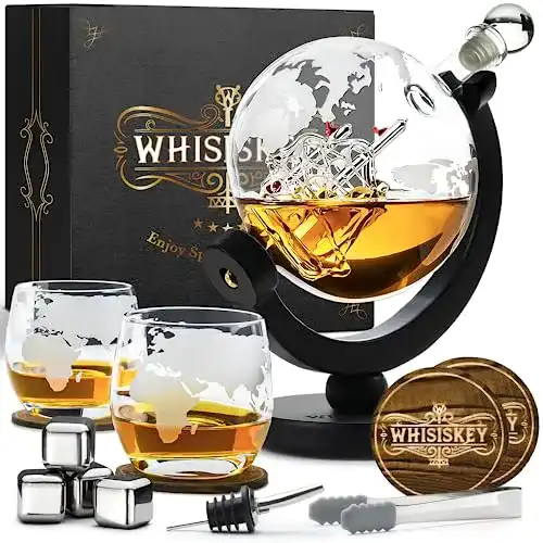 Whisky Karaffe Set mit Globus Dekanter, Gläsern und Whisky Steinen