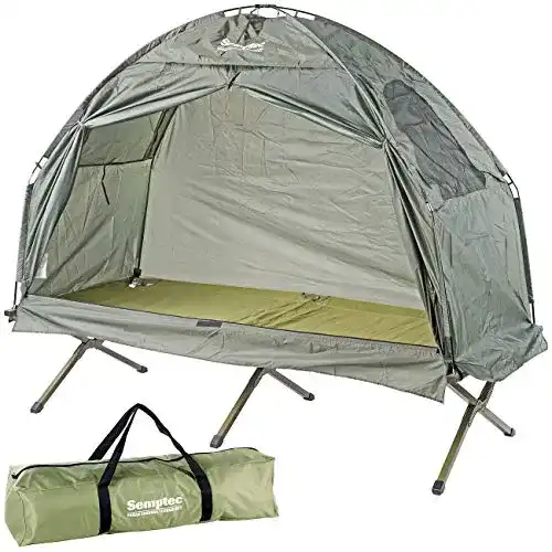 Feldbett mit Zelt von Semptec für Camping und Outdoor-Aktivitäten