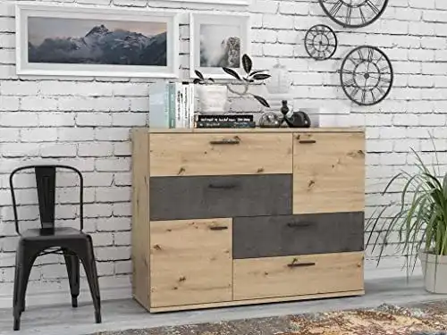 Forte Skive Kommode aus Holz mit 2-Türen und 4-Schubladen