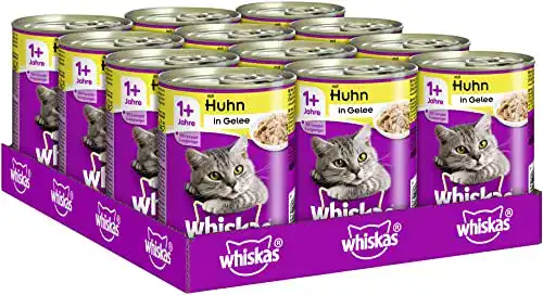 Whiskas Katzenfutter Nassfutter Adult 1+ mit Huhn in Gelee, 12 Dosen