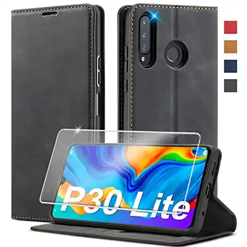 Handyhülle für Huawei P30 Lite – Nshkeji Leder Klappbar mit Schutzfolie