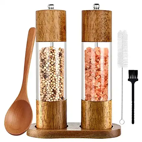 Pfeffermühle Holz 2er Set mit Untersetzer und verstellbarem Mahlwerk