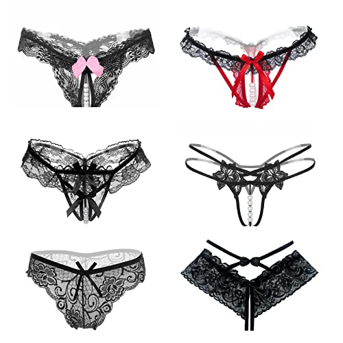 Perlenstring Damen 6er Pack Tanga mit Spitze und Schleifenknoten