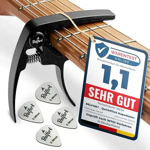 Kapodaster Belfort Original QuickPitch für Gitarre mit 3 Plektren