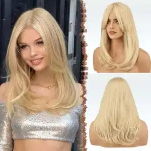 Blonde Perücke mit Pony, 45 cm lange Damenperücke aus Kunsthaar