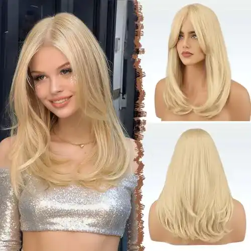 Blonde Perücke mit Pony, 45 cm lange Damenperücke aus Kunsthaar